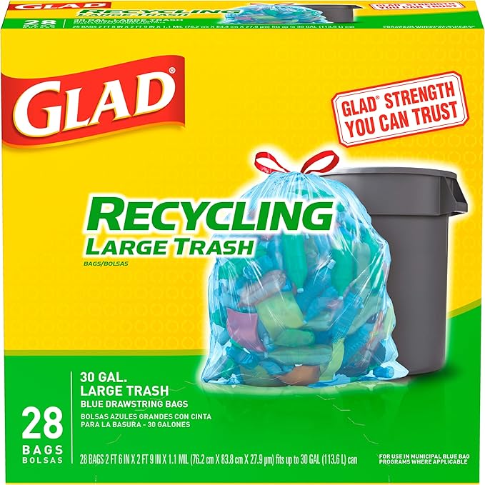 Glad Trash Bags Large Drawstring Garbage Bags 30 Gallon Blue Trash Bags for Large Kitchen Trash Can or Recycling 28 Count - Packaging May Vary
