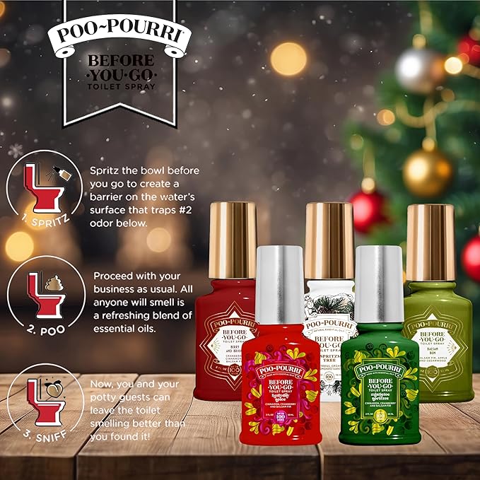 Poo-Pourri Before-You-Go Toilet Spray Holiday set Hollyday Spice Mistletoe Spritzes Oh Spritzmas Tree Berry and Bright Balsam Bum