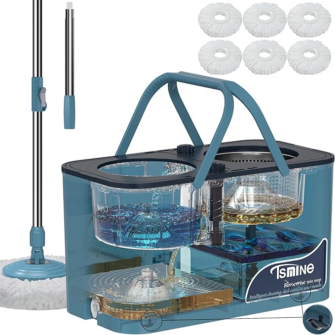 Spin Mop for Large Homes &amp Big Floor Cleaning Clean &amp Dirty Water Separation Mop Bucket for Family &amp Pet Homes4-Chamber System Glide Wheels Safe for Hardwood &amp Tile Adjustable Han
