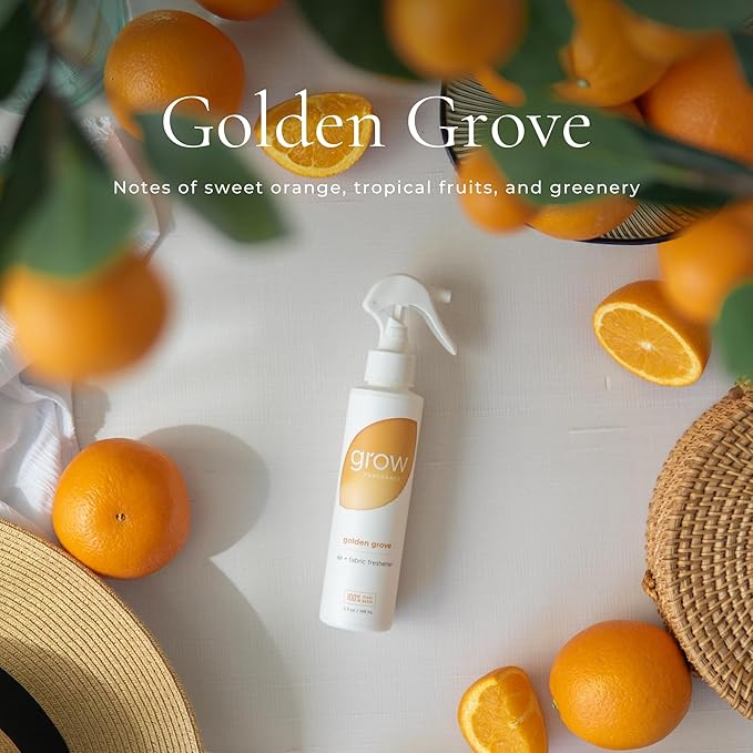 Grow Fragrance 100% Plant-Based Air Freshener Spray | Freshen Fabric &amp Rooms | Golden Grove Scent - Citrus Fruits Watery Green Notes | Made with Natural Essential Oils - 2 Pack 5 oz each