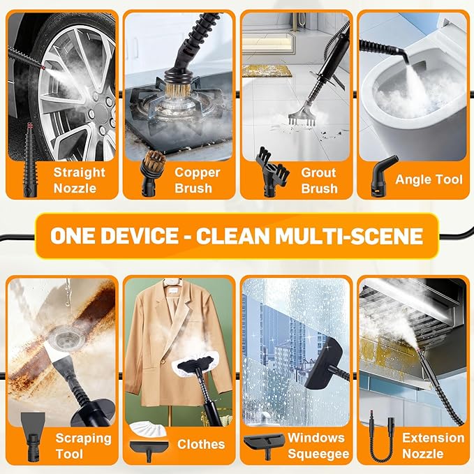 Handheld Pressurized Steam Cleaner for Home - 15s Heat-Up 3-Level Adjustable Steam Cleaner with 14pcs Accessories Multi-Surface Steamer for Cleaning Car Detailing Tile Grout Chemical-Free(Grey)