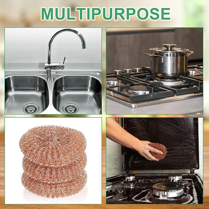 Hushee 50 Pack Copper Coated Scourers Rust Resistant Scrubbing Scouring Pad with 1 Pair of Rubber Household Cleaning Gloves Heavy Duty Copper Mesh Scourer for Dishes Pots Pans and Ovens
