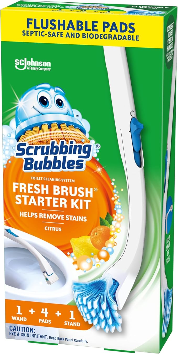 Scrubbing Bubbles Toilet Bowl Brush and Holder with Cleaner Refill Pads Fresh Brush Toilet Wand Starter Kit Cleans Limescale &amp Fights Odors Citrus Scent 1 Wand + 4 Refills + 1 Stand (Pack of 4