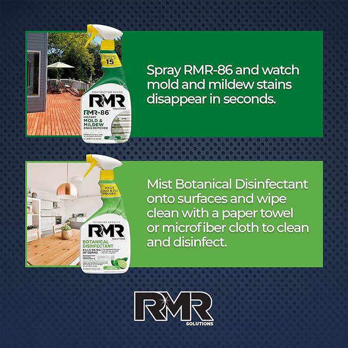 RMR Stain &amp Sanitation System –Instant Mold &amp Mildew Stain Remover + Botanical Disinfectant Cleaner Indoor/Outdoor Cleaning Kit for Kitchens Bathrooms Furniture Siding &amp Deck 2–32 Oz