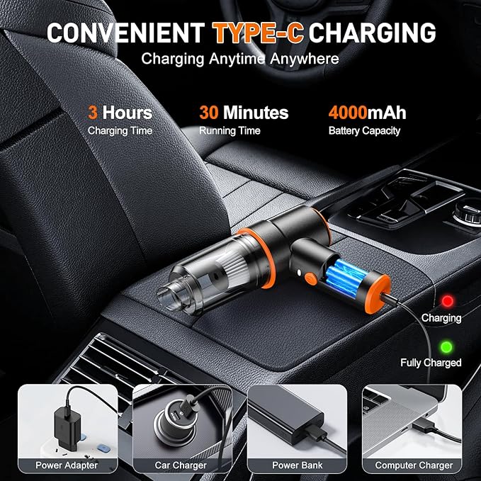 KMM Handheld Car Vacuum Cleaner 11000PA Vacuum Cleaner &amp Air Duster 120W High Power Vacuum Portable Cordless Hand Held Vacuum Rechargeable with Multi-Nozzles &amp LED Light for Home Car Offi