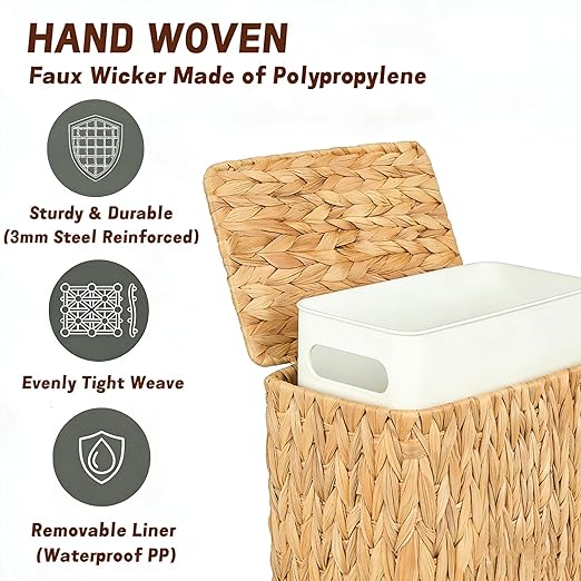 Wicker Trash Can3 Gallon Bathroom Trash Can with LidNatural Water Hyacinth Wicker Waste Basket with Removable Liner for Bedroom Toilet Narrow Spaces