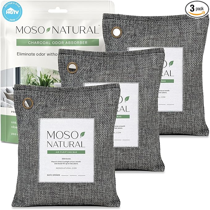 Moso Natural Air Purifying Bag 200g (3 Pack) HGTV Editor's Pick | Premium Bamboo Charcoal Odor Absorber for Home &amp Car | Closet Odor Eliminator &amp Car Air Freshener | Long Lasting Charcoal Bags
