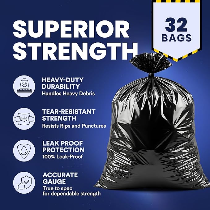 Plasticplace Contractor Trash Bags 42 Gallon 3.0 Mil Rolls Black Heavy Duty Garbage Bag 33.6” x 47.6” (32 Count)