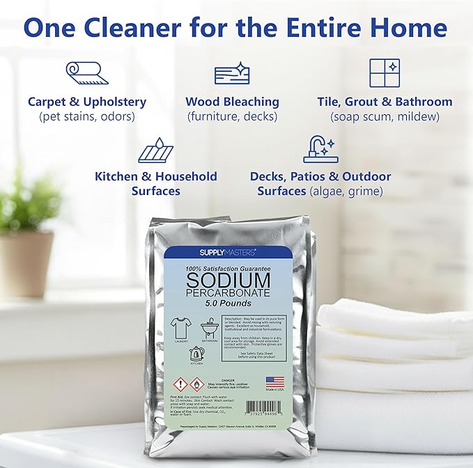 Sodium Percarbonate Powder 5 lbs – Non-Chlorine Oxygen Bleach Alternative &amp Stain Remover – Multi-Purpose Cleaner for Laundry Carpets Tile Decks Kitchens &amp Outdoor Surfaces