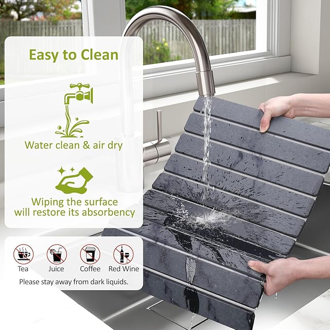 Large Stone Dish Drying Mat for Kitchen Counter 24(L)×16(W) Collapsible Quick Dry Stone Dish Mats Super Absorbent Diatomaceous Earth Drying Pad for Dishes Bottles Cups Countertops (Marble)