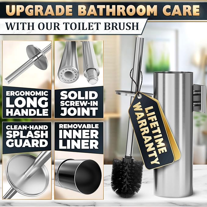Silver Modern Toilet Brush and Holder Set with Wall Mount - Stainless Steel Toilet Brush with Holder - Removable Inner Bowl Shiny Design Splash Protection &amp Dense Bristles for Bathroom Cleaning