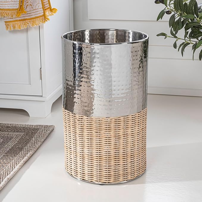 happimess HPM1102B Asher Modern 4.13-Gallon 2-Tone Natural Wicker/Metal Cylinder Waste Basket Chrome/Natural for Home Bathroom Living Room Office Bedroom Kitchen