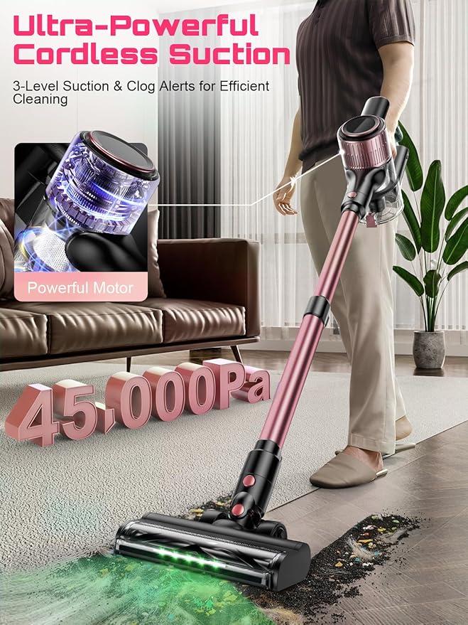 Cordless Vacuum Cleaner 10 in 1 Stick Vacuum with Powerful Suction Hose Green LED Light Anti-Tangle Brush Lightweight Rechargeable Vacuum Cleaner for Home Hardwood Floors Carpets Pet HairPink