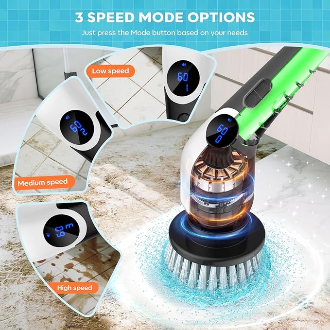 YKYI Electric Spin Scrubber-Cordless Power Scrubber with 8 Brush Heads 3 Speeds &amp Adjustable Long Handle IPX7 Waterproof Shower Cleaning Brush for Bathroom Tile Bathtub Grout Kitchen(Matte Wh