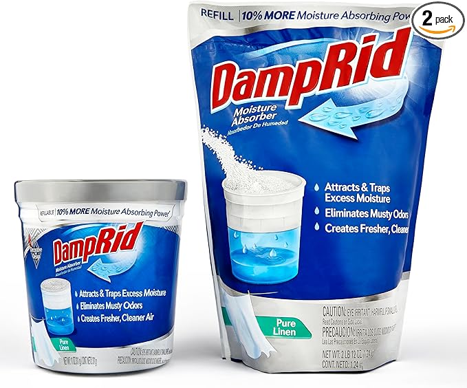 Damp Rid Refillable Moisture Absorber – Pure Linen Humidity Absorber &amp Odor Absorber with 11oz Cup and 44oz Refill Bag Cleaner Air for Closet &amp Bathroom – ILIOS Packaging