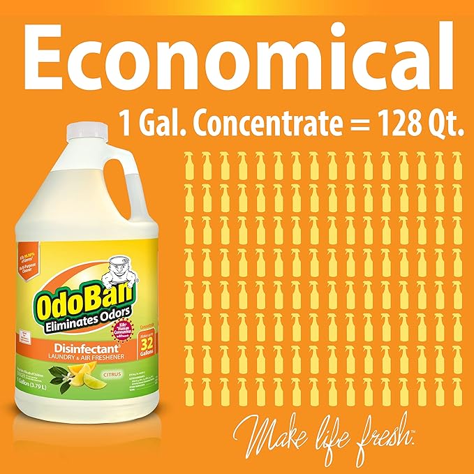 OdoBan Aroma Eliminator Set Made in the USA 10 Ounce 360-Degree Continuous Spray Natural Oil Real Citrus Air Freshener and 1 Gallon Multipurpose Disinfectant Cleaning Concentrate Orange Scent