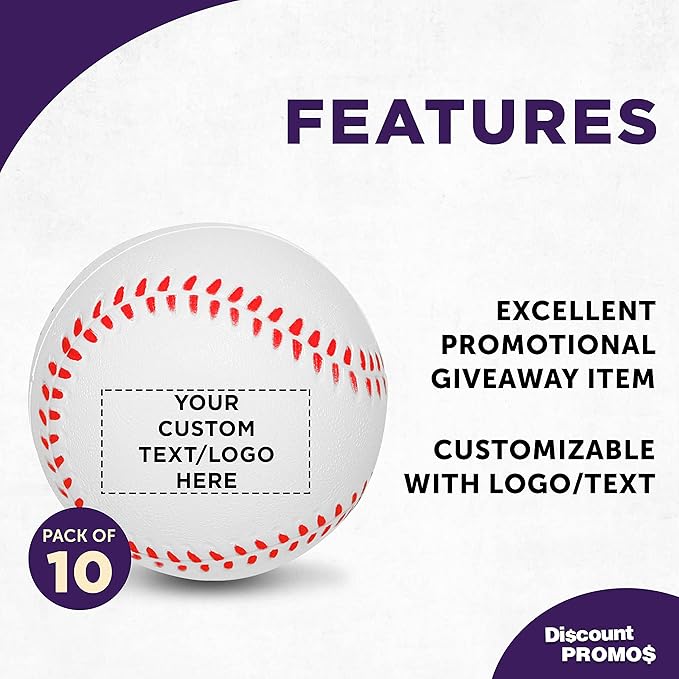 DISCOUNT PROMOS Custom Baseball Shaped Squeeze Balls Set of 10 Personalized Bulk Pack - Perfect for Promotional Giveaways - White