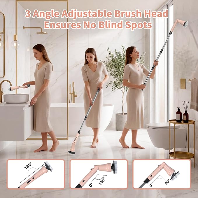 Electric Spin Scrubber Hillyfe Bathroom Scrubber Electric with 7 Replaceable Brush Heads IPX7 Waterproof300/400 RPM 3 Adjustable LengthScrubber Brush Electric for Bathtub FloorPink