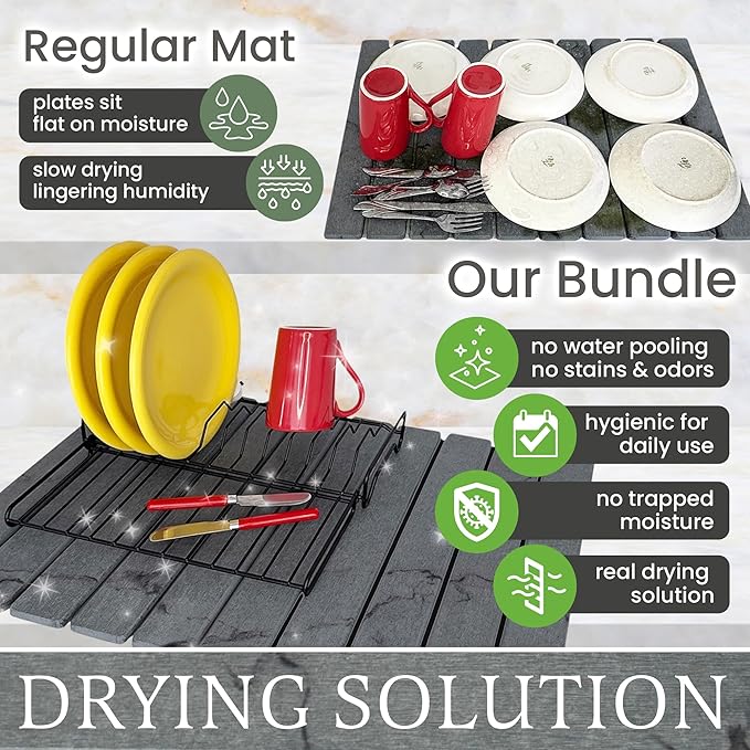 Stone Drying Mat + Foldable Black Metal Dish Rack – Complete 2-Tier Kitchen Drying System – Ultra Absorbent Dark Gray Mat for Plates Glasses &amp Cutlery – Modern &amp Hygienic Counter Organizer -