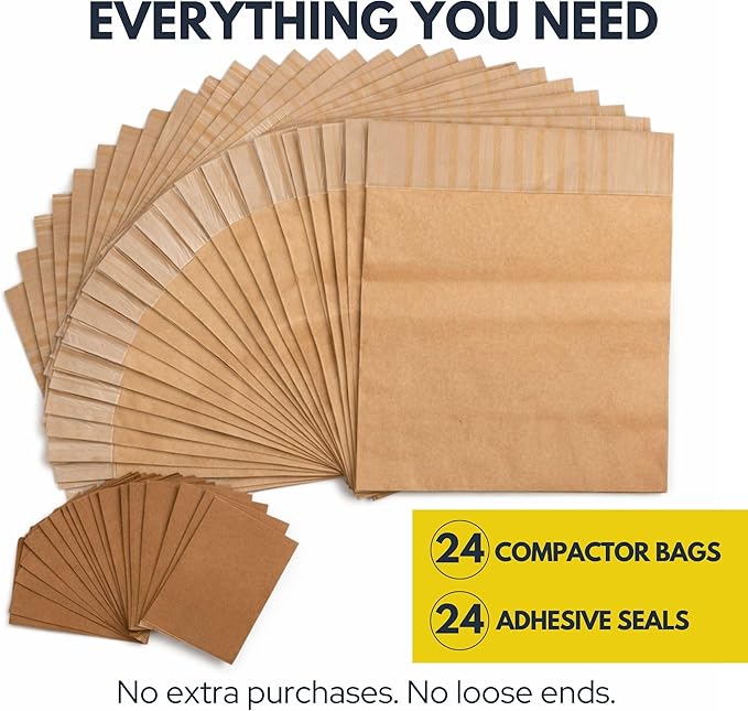 Trash Compactor Bags for Kitchen (24-Pack) 25% Thicker Kraft Paper Compactor Bags with Leak-Proof Liner &amp Sticker Seals