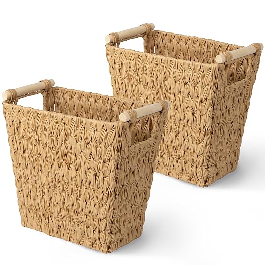 GRANNY SAYS Bathroom Wastebasket Wicker Trash Can with Handles Waterproof Bathroom Trash Decorative Wastebasket for Bedroom 2-Pack
