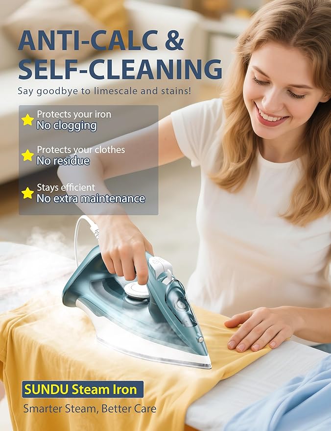 Sundu 1500W Self-Cleaning Iron for Clothes with Auto Shut-Off Ceramic Coated Soleplate and 12oz Water Tank Burst Steam for Fast Wrinkle Removal Precise Thermostat Green