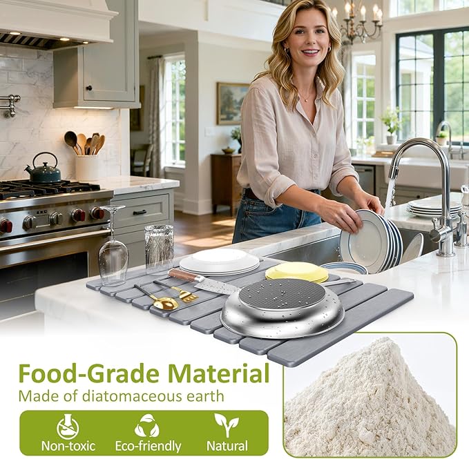 Large Stone Dish Drying Mat for Kitchen Counter 24(L)×16(W) Collapsible Quick Dry Stone Dish Mats Super Absorbent Diatomaceous Earth Drying Pad for Dishes Bottles Cups Countertops (Light Grey)