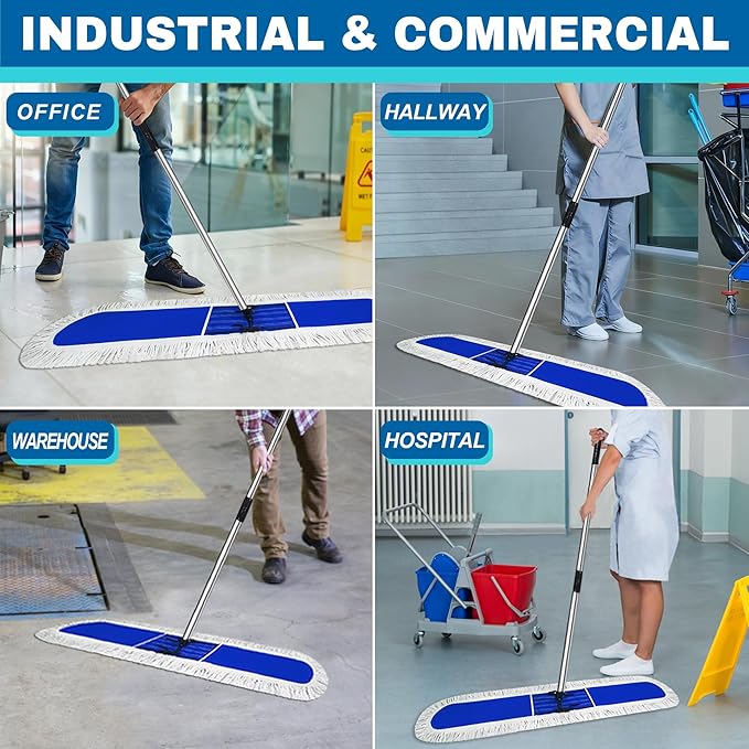 48 inch Commercial Dust Mop for Hardwood Floors Large Size Dry Mop Reusable Cotton Yarn Head Telescopic Stainless Steel Handle Industrial dust mops for Floor Cleaning Marble Blue