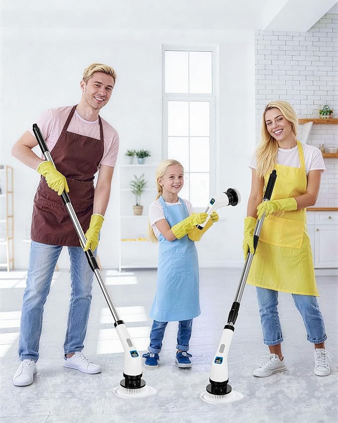 Electric Spin Scrubber IPX7 Shower Scrubber 7 Replaceable Brush Heads-90Mins Work Time 2-Speed Adjustable Bathroom Scrubber 3-Height Adjustable Handle Cordless Tub Scrubber for Bathtub Kitchen Glass