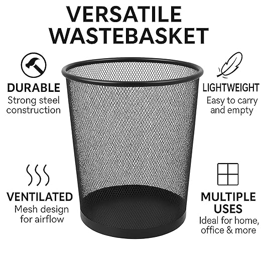 Creative Home 6 Pieces Steel Mesh Round Trashcan Light Weight Wastebasket for Trash Paper or Recycle in The Home Office Garage 10 Qt Black