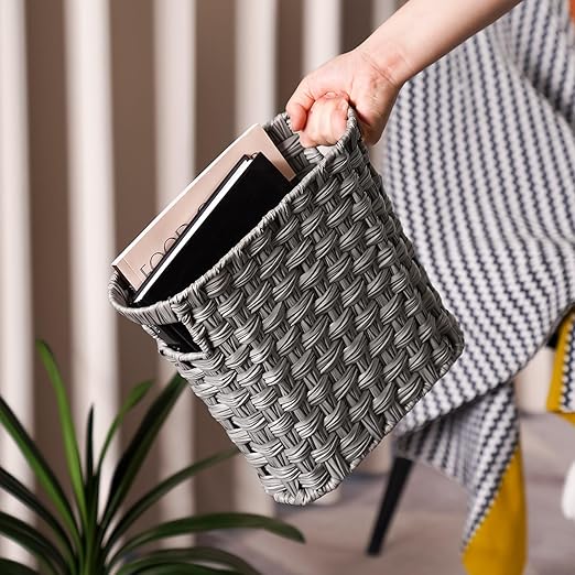 Wicker Waste Basket With Built-in Handles - Multifunctional Mini Trash Can for Home and Office Compact Design and Durable Construction With Fine Artisanal Craftsmanship (Gray)