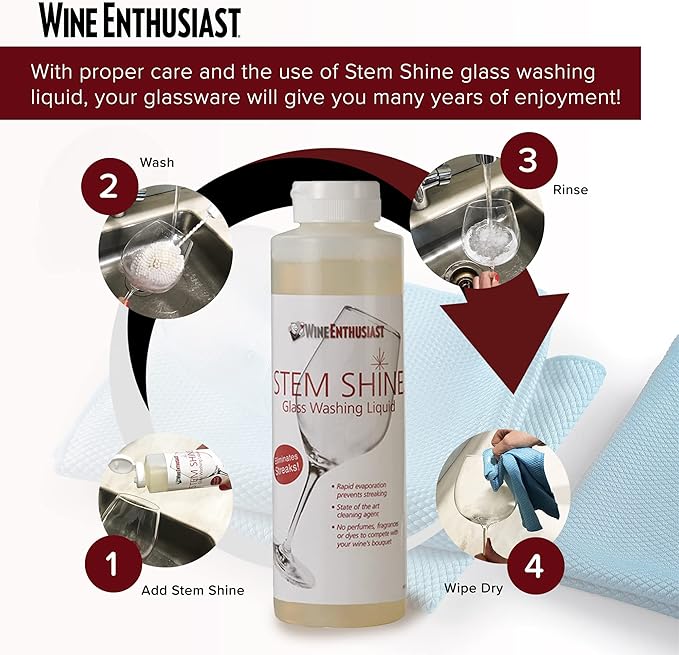 Wine Enthusiast Stem Shine - Wine Glass Liquid Cleaner to Eliminate Streaks Remove Odor Clean Contaminants &amp Grim – Hand Wash Delicate Glassware &amp Crystal (16 oz)