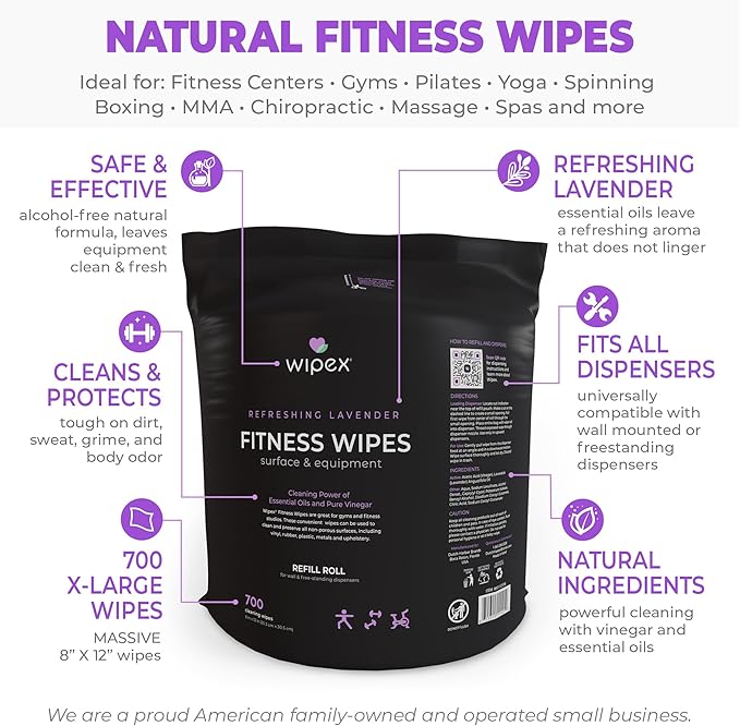 Wipex Black Floor Dispenser with Wipex Gym Wipes for Equipment Lavender Essential Oil 700ct Gym Wipe Pack of 2 Refill Rolls + Floor Dispenser Large 8x12 Fitness and Gym Hygiene Wipes