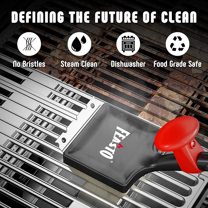 Grill Brush with Steam and 2 Replacement Brush Heads 6-in-1 Bristle-Free with Interwoven-Tech &amp Thermal-Sensitive Sponge Stainless Steel Scraper 360° Rotating Knob Bottle Opener