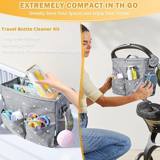 IvyWind Electric Travel Baby Bottle Brush Set with Storage Box Automatic Bottle Cleaner Brush Kit with Silicone Bottle/Nipple/Straw BrushMilk Frother Electric and Drainage Rack Rechargeable Yellow