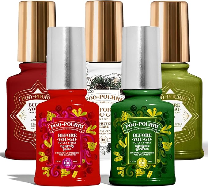 Poo-Pourri Before-You-Go Toilet Spray Holiday set Hollyday Spice Mistletoe Spritzes Oh Spritzmas Tree Berry and Bright Balsam Bum