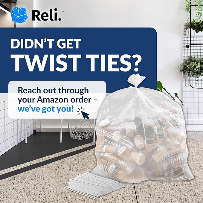 Reli. 50 Gallon Trash Bags Heavy Duty (50 Count) | Clear | Twist Ties Included | Extra Tough Leak-Proof Garbage Bags | Ideal for Large Clean Ups