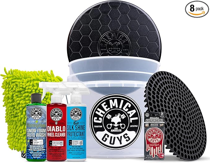 Chemical Guys 8-Piece Arsenal Builder Car Wash Kit - Includes Bucket Dirt Trap Lid Wash Mitt Air Fresheners &amp (3) 16 oz Car Care Chemicals Complete Cleaning Kit for Trucks SUVs &amp More