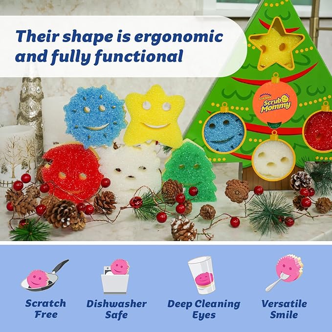 Scrub Daddy Scrub Mommy Holiday Christmas Tree Gift Box Set Non-Scratch Christmas Cleaning Sponges for Kitchen Dishes &amp Home Dual-Sided Dish Sponges for Scrubbing 10 Count (2 Pack of 5)