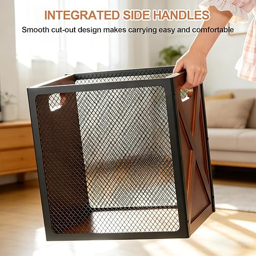 Rustic Office Trash Can - Rectangular Waste Basket with Iron Mesh 4.5 Gallon Wooden Garbage Can Bathroom Garbage Bin with Handles Decorative Trash Can for Home Office Bedroom