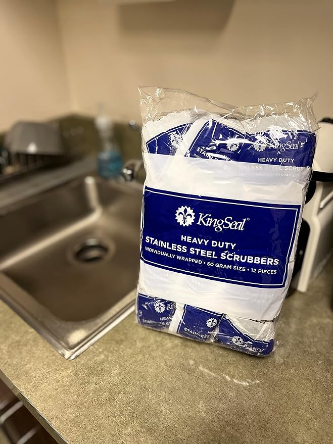 24 Count | KingSeal Stainless Steel Scrubbers Scrub Pads Heavy Duty 50 gram Weight Individually Wrapped - 2 Packs of 12 Scrubbers