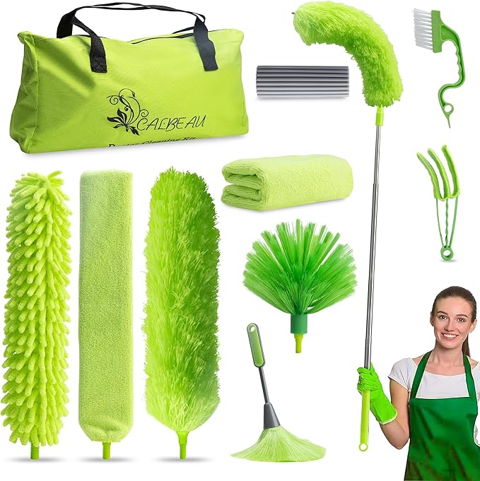 Microfiber Duster with Extension Pole 30 to 100'' Bendable Reusable Washable Feather Dusters for Cleaning High Ceiling Fan Cobweb Blinds Keyboard Furniture &amp Cars Green Gift for Women (11 PC