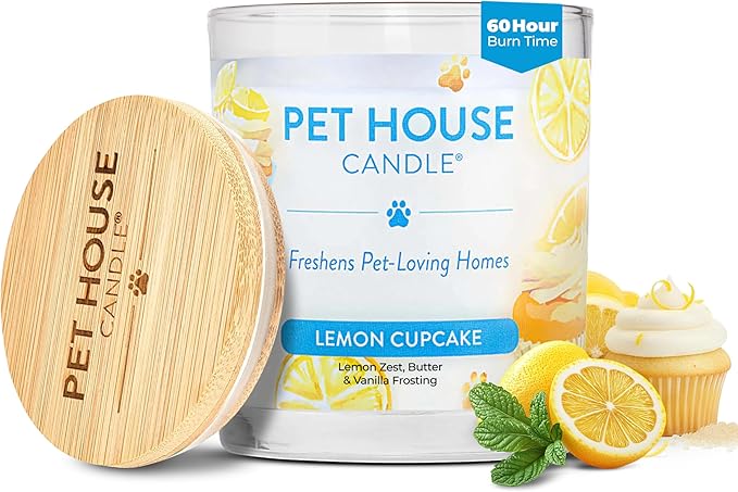 Pet House Candles Clean Long-Lasting Pet Odor Candles for Home Plant-Based 60 Hour Burn Time - Lemon Cupcake 9 oz