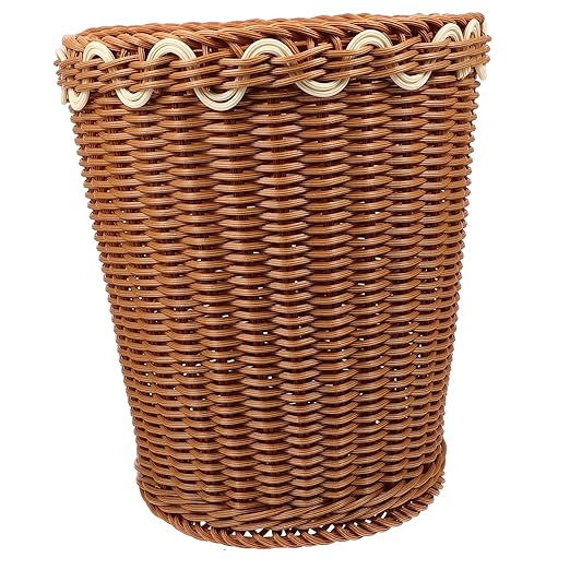 Healifty Woven Trash Can Basket Imitation Rattan Wastebasket for Bedroom and Living Room Stylish Sundries Storage Container Decorative Design for Home Organization
