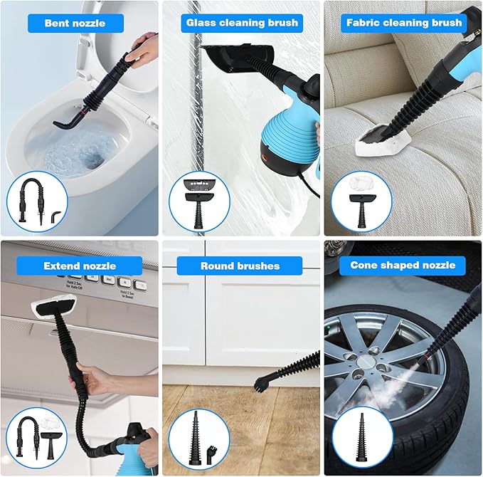 AORESAC Handheld Steam Cleaner Multi-Purpose Steamer Pressurized Electric Steam Cleaner with Safety Lock and 9 Accessory Kit for Upholstery Kitchen Bathroom Grout Tile and Floor Cleaning Blue