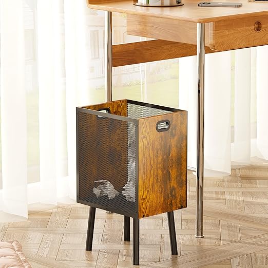 4.5 Gallon Office Trash Can for Near Desk Wood Bedroom Trashcan Rectangular Wastebasket with Mesh - Handles - Leg Small Garbage Can Trash Bin for Office Bedroom Living Room Bathroom Dorm