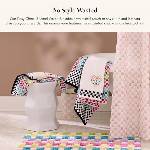 MACKENZIE-CHILDS Waste Bin Decorative Bedroom Trash Can or Bathroom Trash Can Pink-and-White Rosy Check