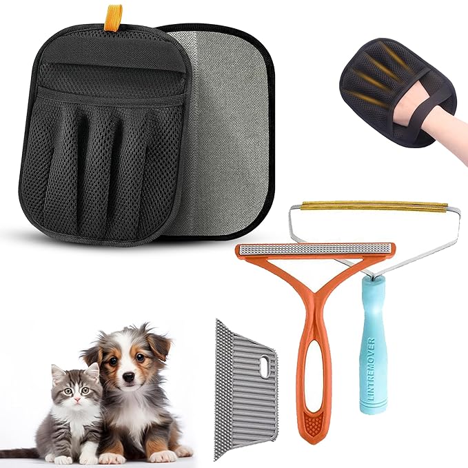 Pet Hair Removal Glove 4-in-1 Premium Dog Cat Hair Removal Glove &amp Brush Set Electrostatic Pet Hair Remover for Furniture Carpet Car Complete Grooming Bundle with Lint Remover Reusable Magic Brush