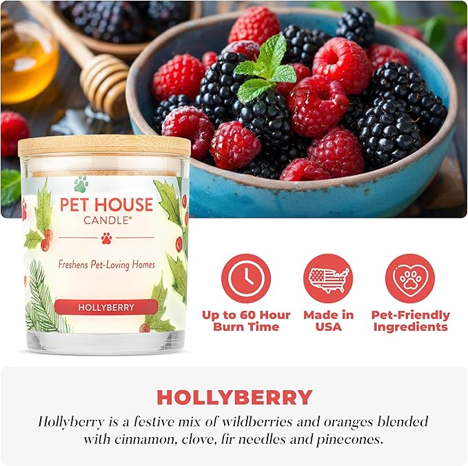 One Fur All Pet House Candle 2 Pack - Plant-Based/Soy- Clean Burning Scented Long Lasting Pet Odor Candle for Home - Hollyberry