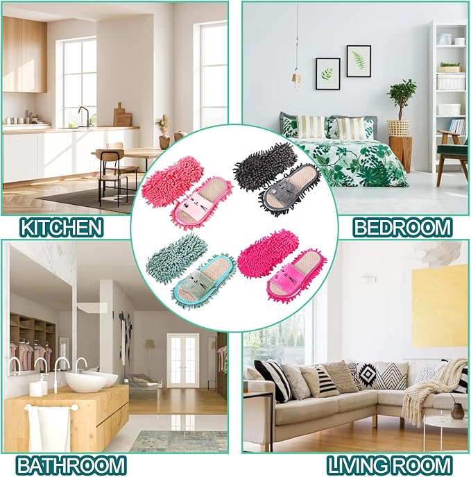 Bekith 4 Pairs Washable Mop Slippers Detachable Microfiber Cleaning Shoes for Women Men Home Office Floor Dust Dirt Clean Medium